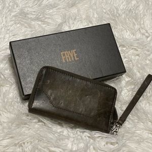 Frye Melissa Slate leather zip phone wallet with removable wristlet strap.